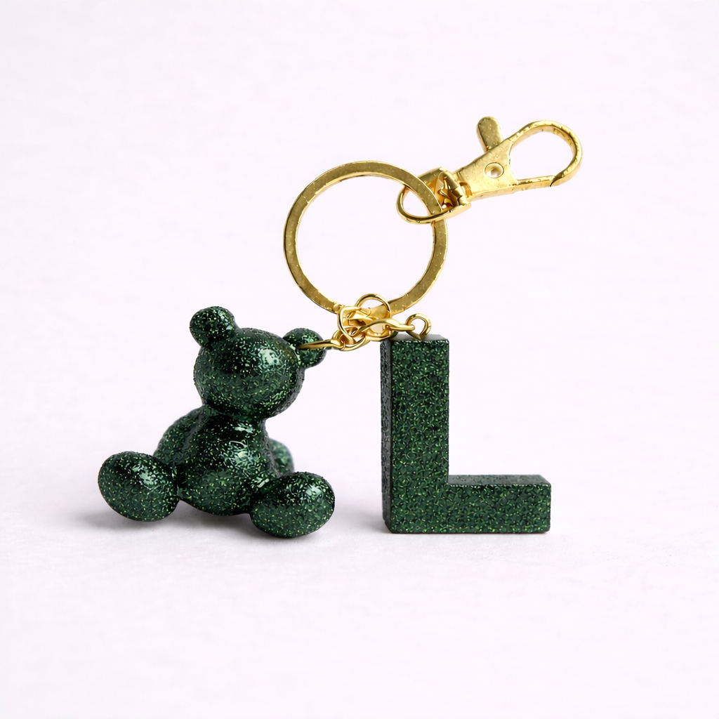 Green handmade resin bear keychain with the letter L