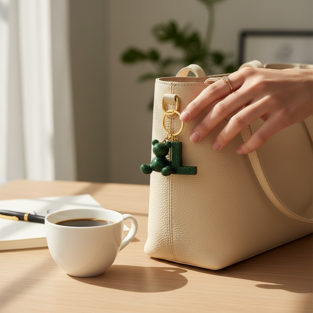 Green handmade resin bear keychain with the letter L on a bag
