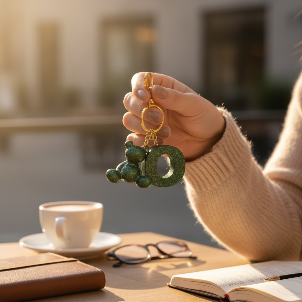 Green handmade resin bear keychain with the letter O on a bag