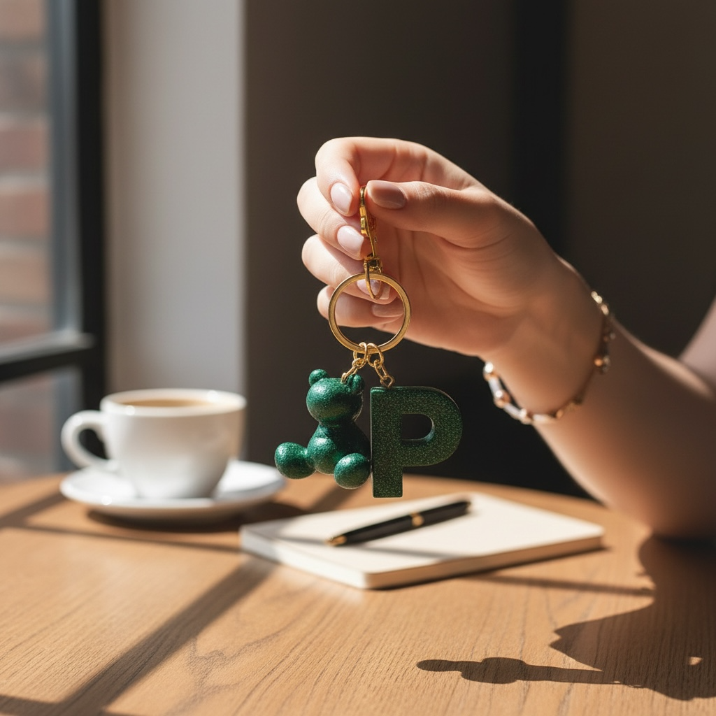 Green handmade resin bear keychain with the letter P