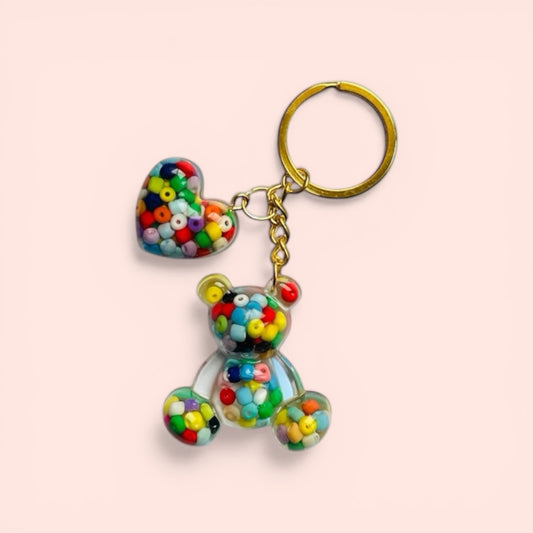 El Yapımı Epoksi Ayıcık Anahtarlık Renkli Boncuklu