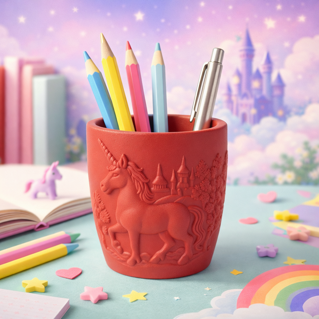 Unicorn Kabartmalı Kalemlik - El Yapımı Dekoratif Vazo - Masa Üstü Düzenleyici