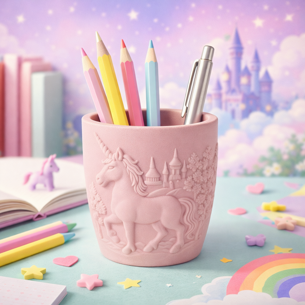 Unicorn Kabartmalı Kalemlik - El Yapımı Dekoratif Vazo - Masa Üstü Düzenleyici