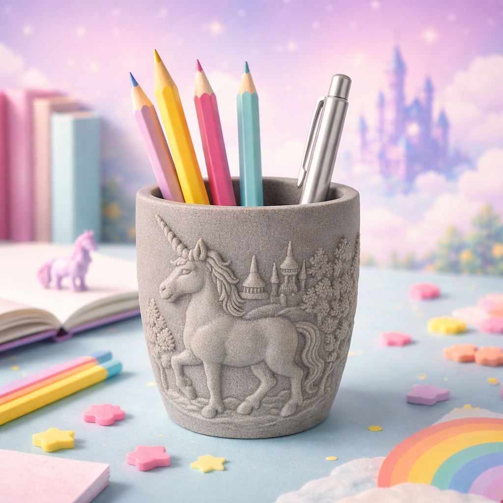 Unicorn Kabartmalı Kalemlik - El Yapımı Dekoratif Vazo - Masa Üstü Düzenleyici