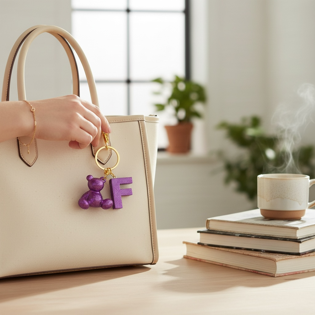 Purple handmade resin bear keychain with the letter F on a bag