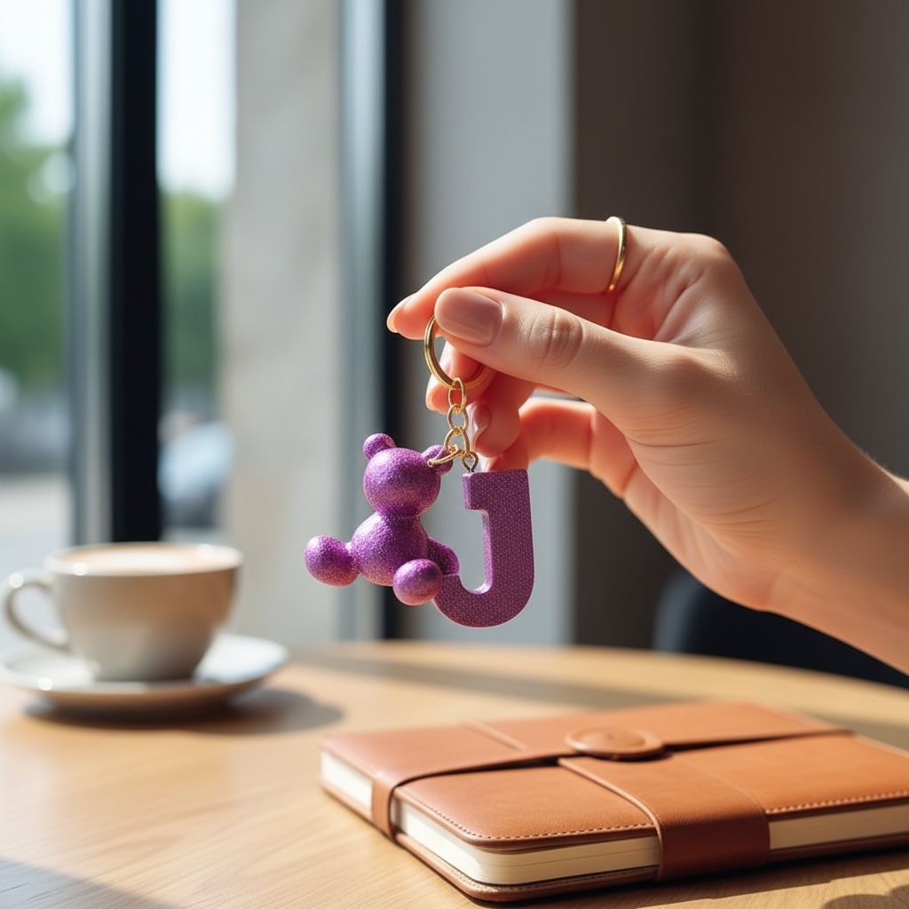 Purple handmade resin bear keychain with the letter J on a bag
