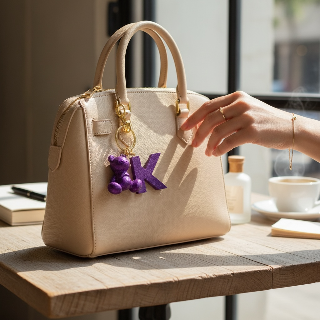 Purple handmade resin bear keychain with the letter K on a bag