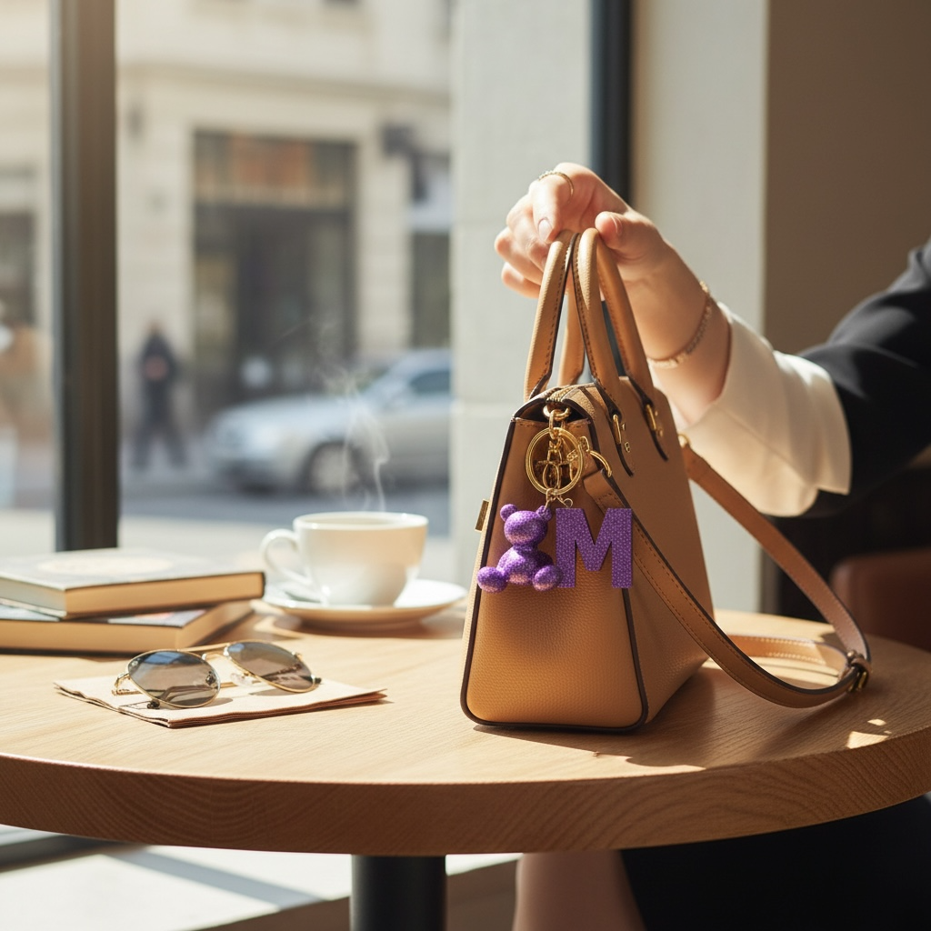 Purple handmade resin bear keychain with the letter M on a bag
