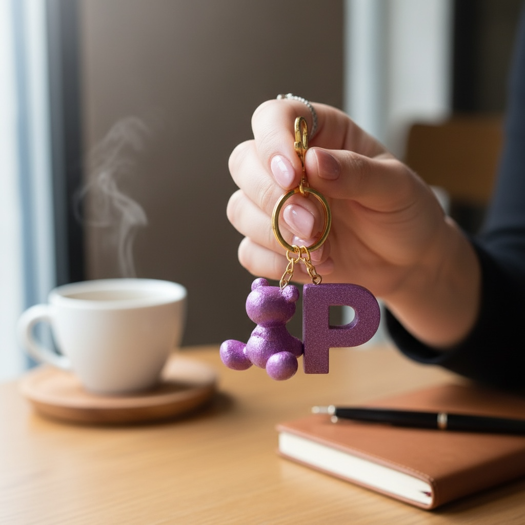 Purple handmade resin bear keychain with the letter P on a bag