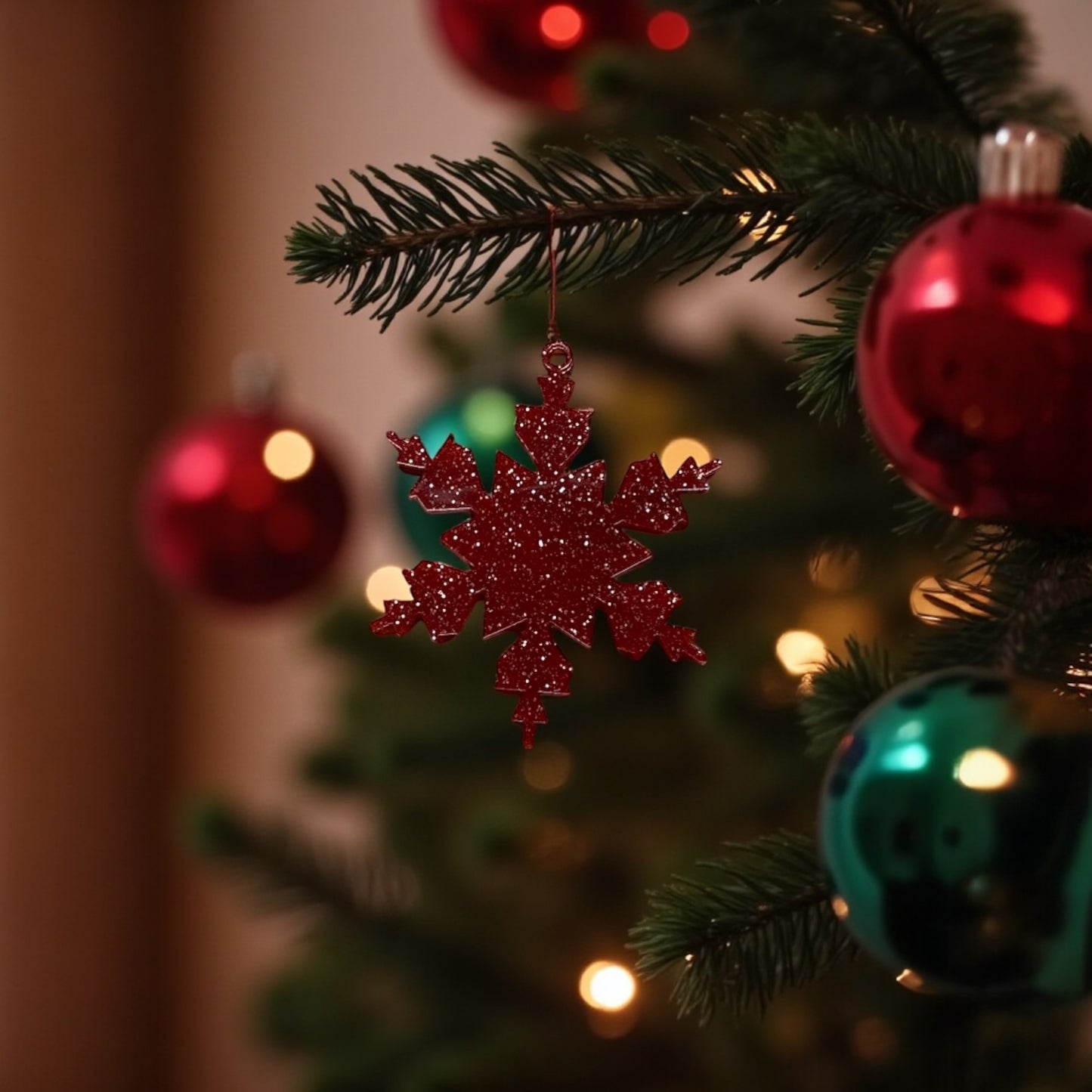 Kırmızı Simli Kar Tanesi Yılbaşı Süsü (10 Adet)