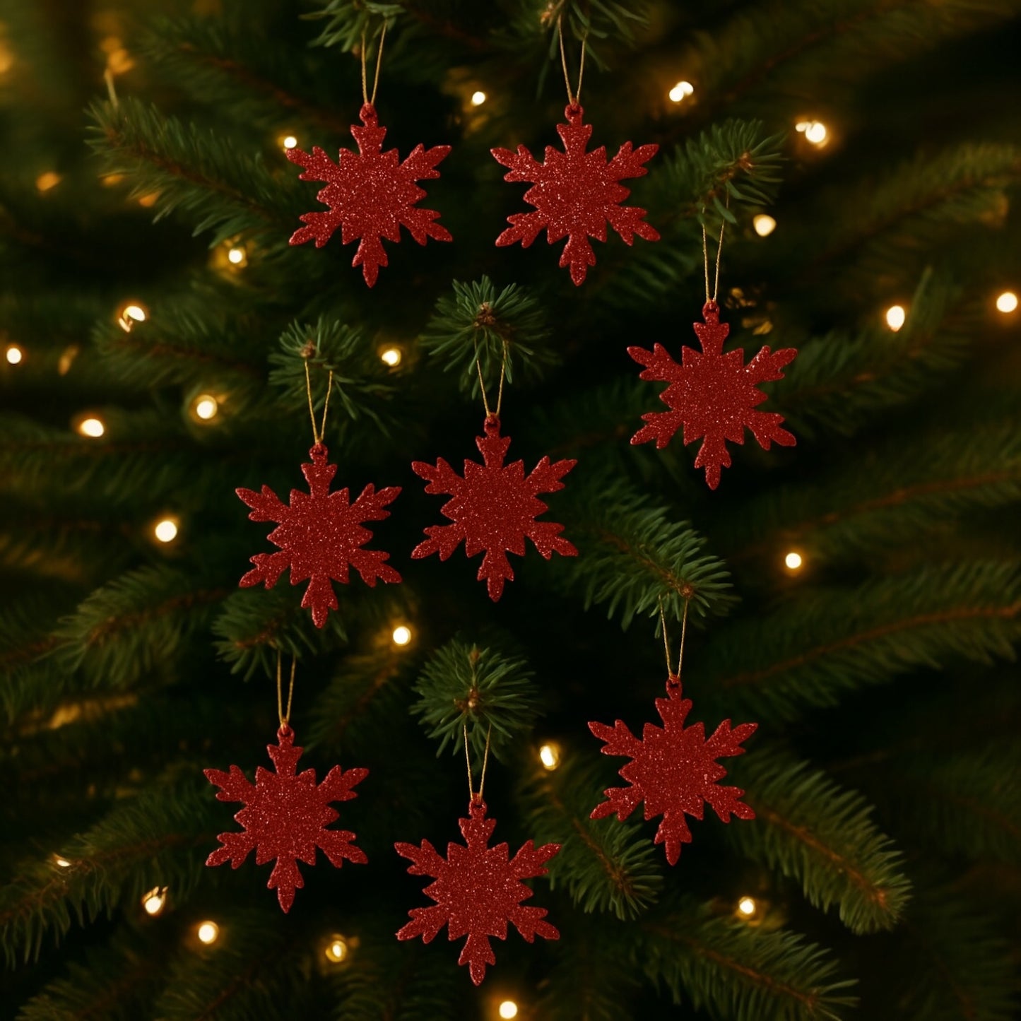 Kırmızı Simli Kar Tanesi Yılbaşı Süsü (10 Adet)