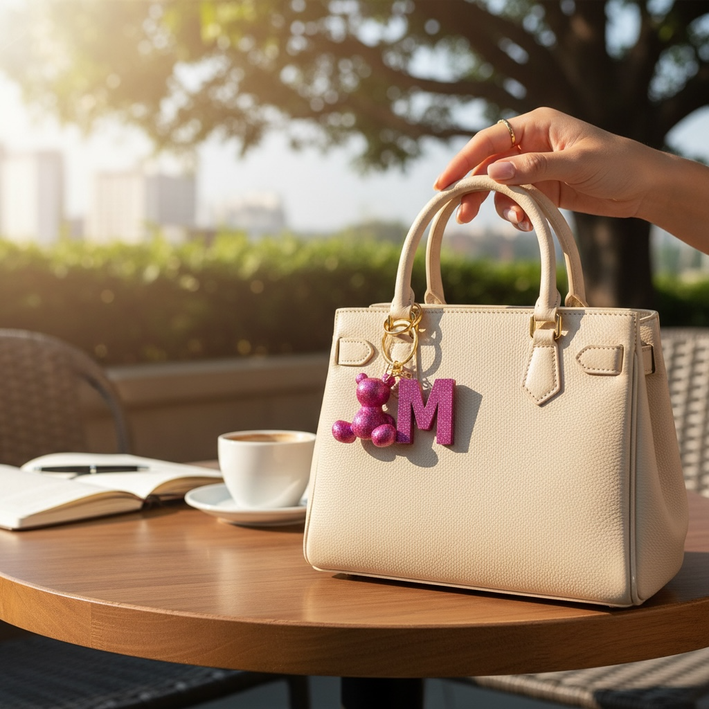 Pink handmade resin bear keychain with the letter M on a bag