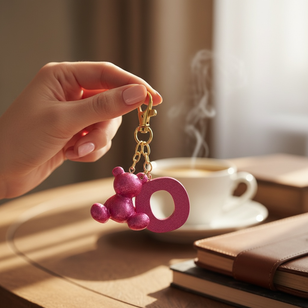Pink handmade resin bear keychain with the letter O on a bag