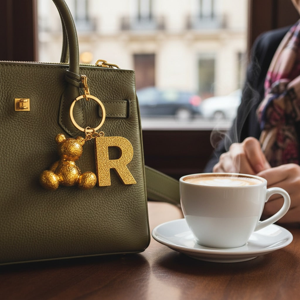 Gold handmade resin bear keychain with the letter R on a bag