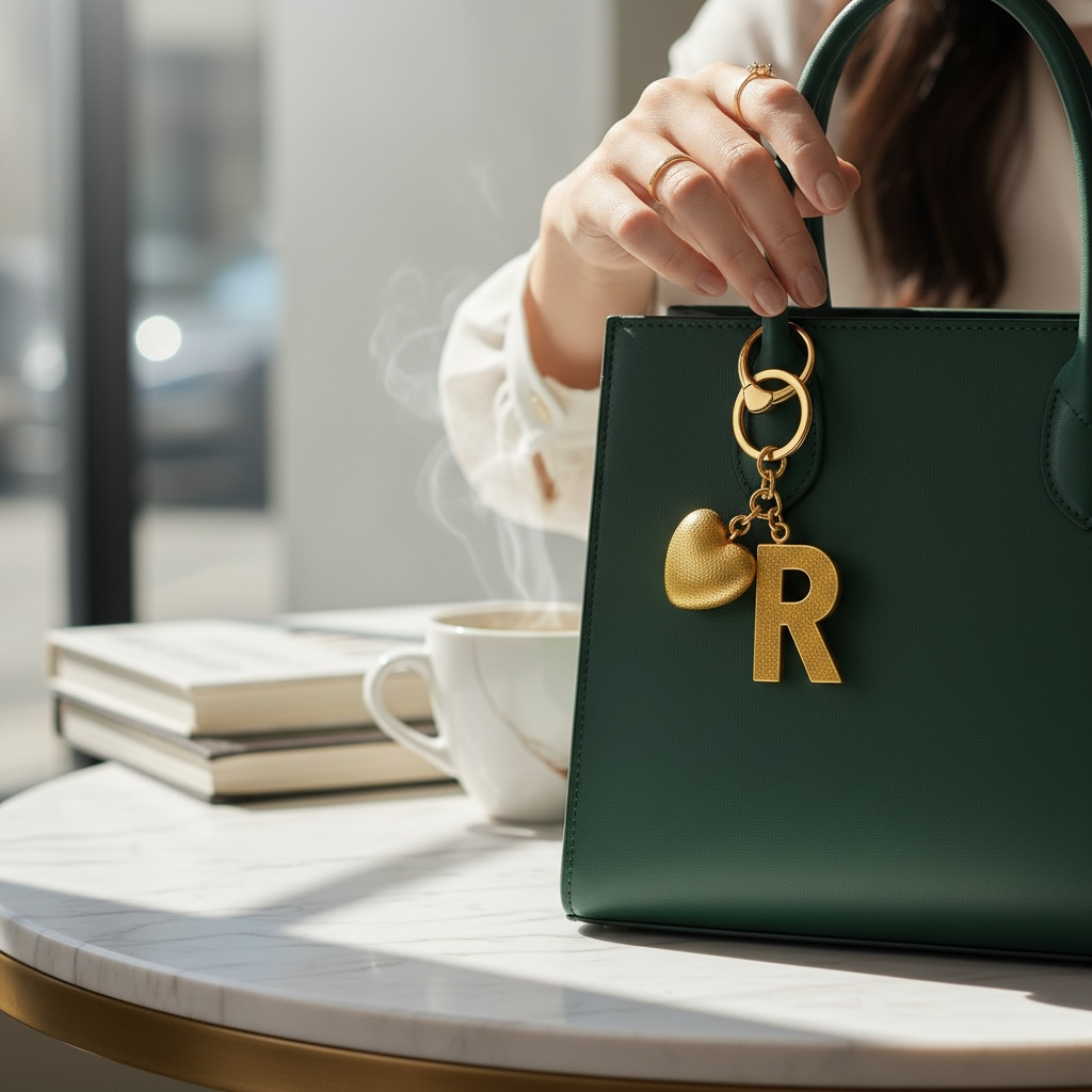 R letter handmade resin heart keychain, product view 3