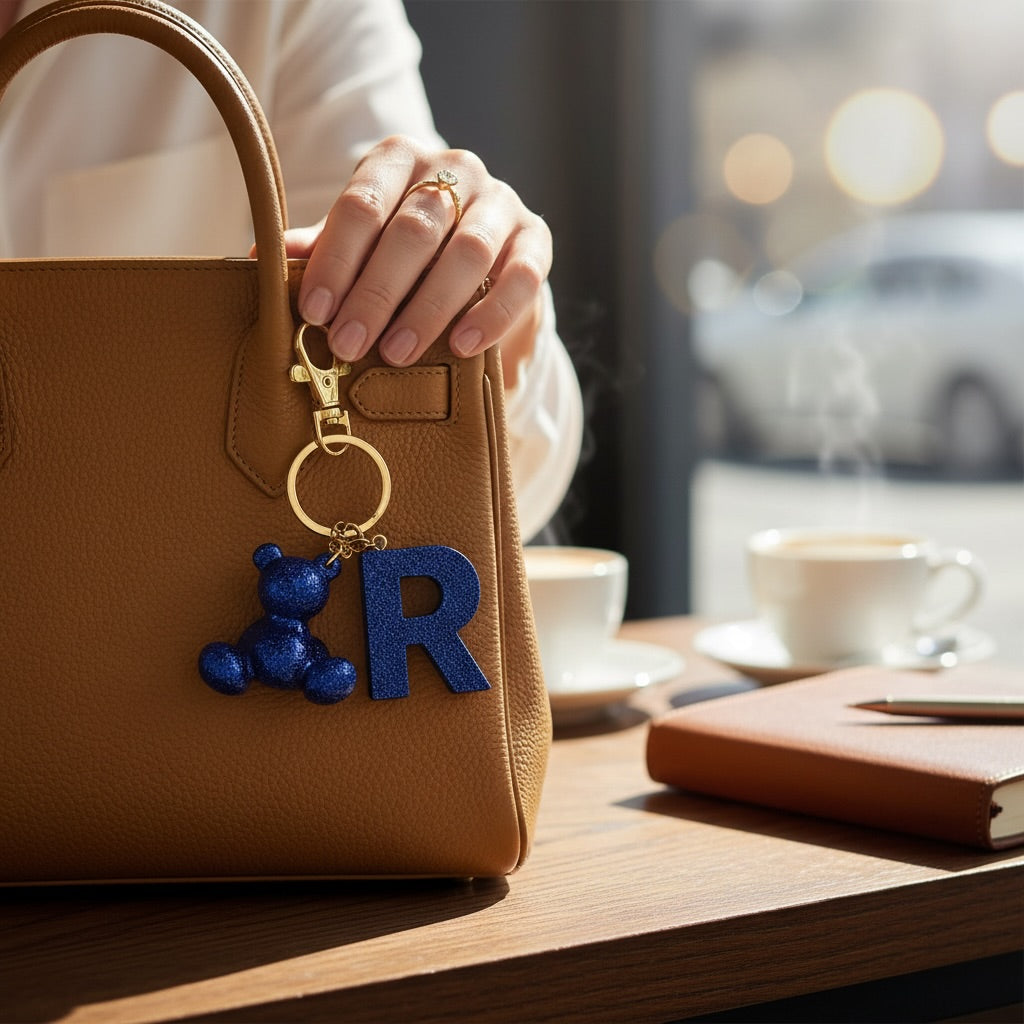 Blue handmade resin bear keychain with the letter R on a bag