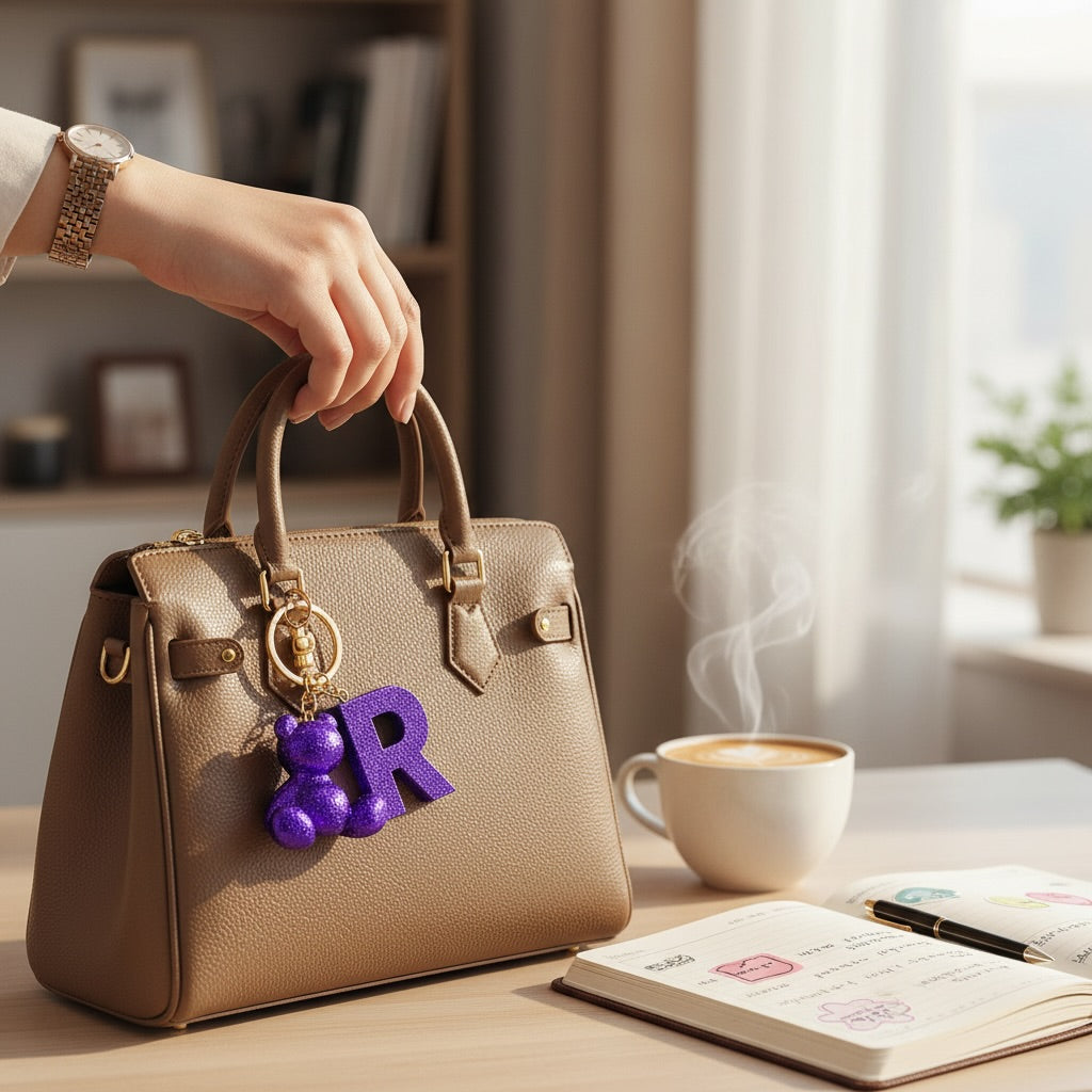 Purple handmade resin bear keychain with the letter R on a bag
