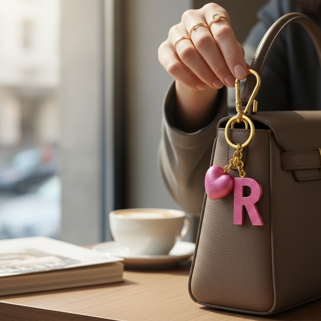 R letter handmade resin heart keychain, product view 4