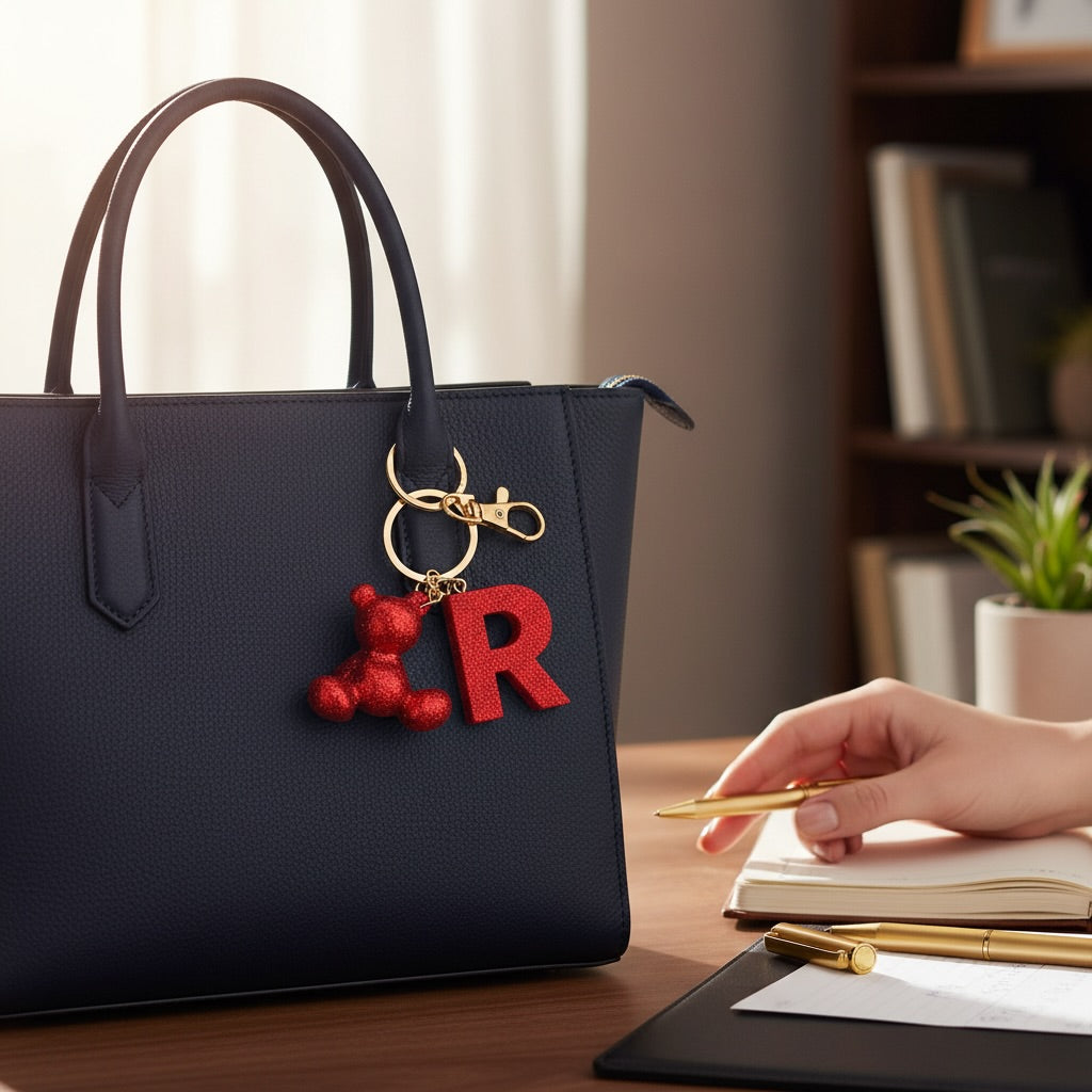 Red handmade resin bear keychain with the letter R on a bag