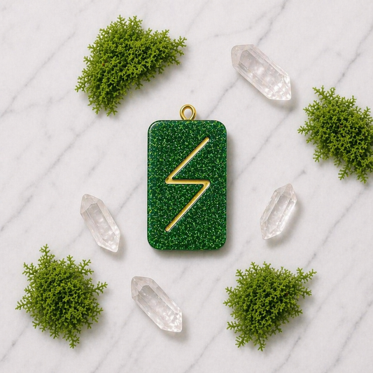 Sowilo Rune Resin Pendant - Symbol of Success & Vitality - Green Shimmer Handmade Mythological Jewelry - Solar Energy Talisman