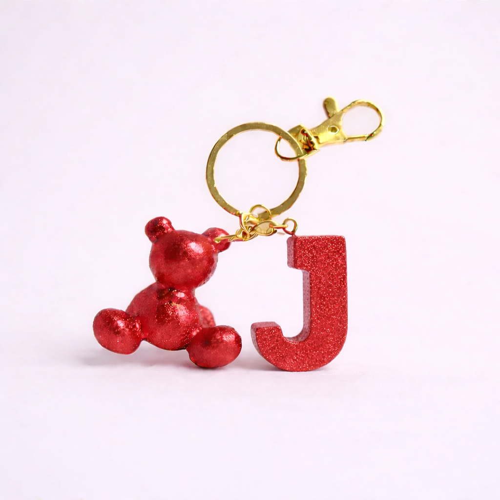 Red handmade resin bear keychain with the letter J