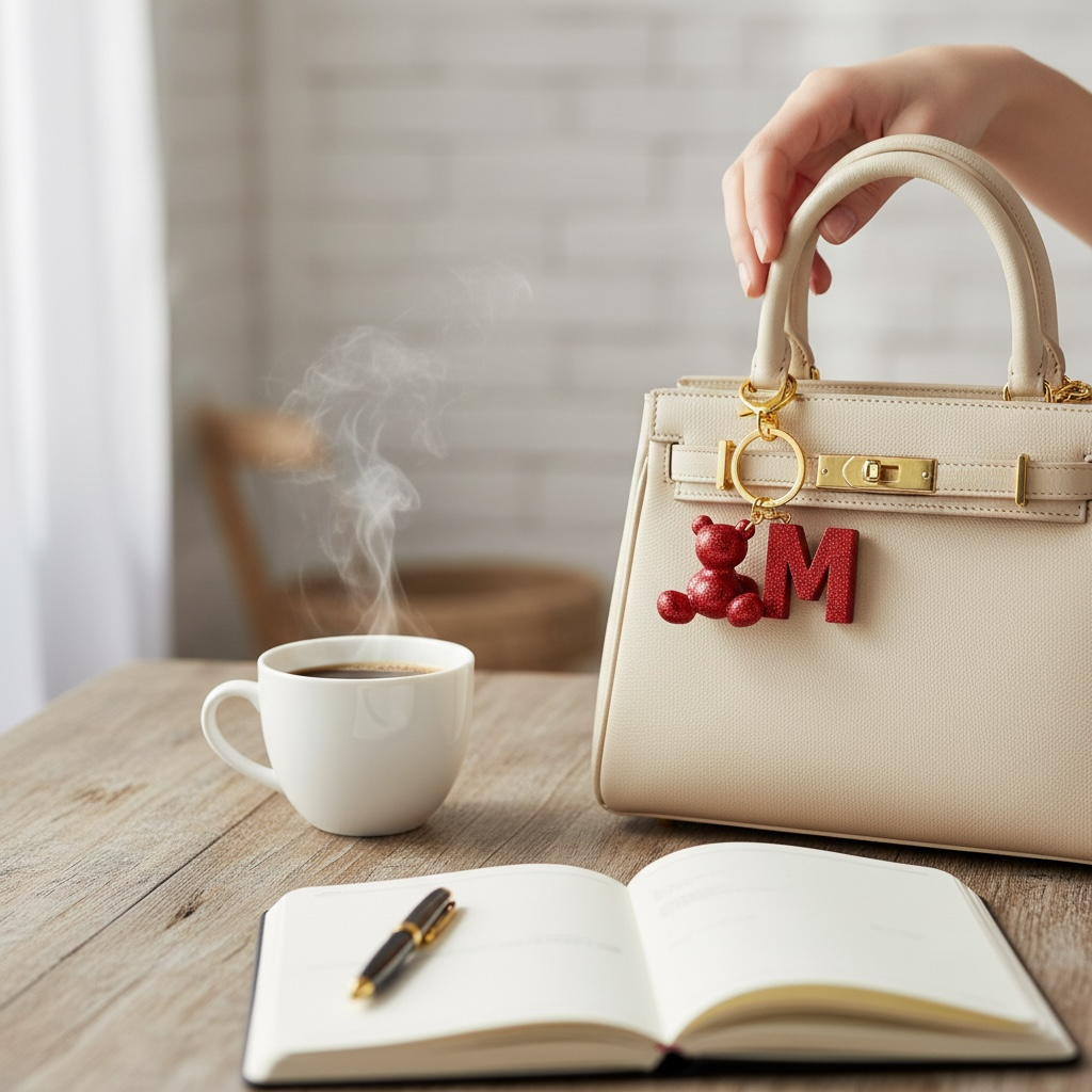 Red handmade resin bear keychain with the letter M on a bag