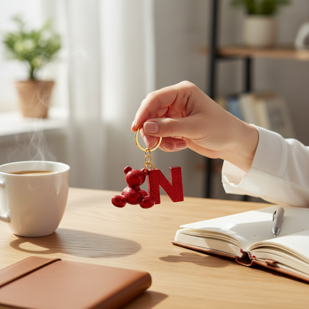 Red handmade resin bear keychain with the letter N on a bag