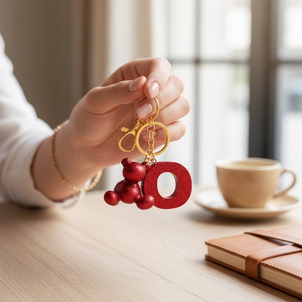 Red handmade resin bear keychain with the letter O on a bag