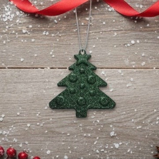 Set of 10 green glitter handmade resin Christmas tree ornaments, product view 2