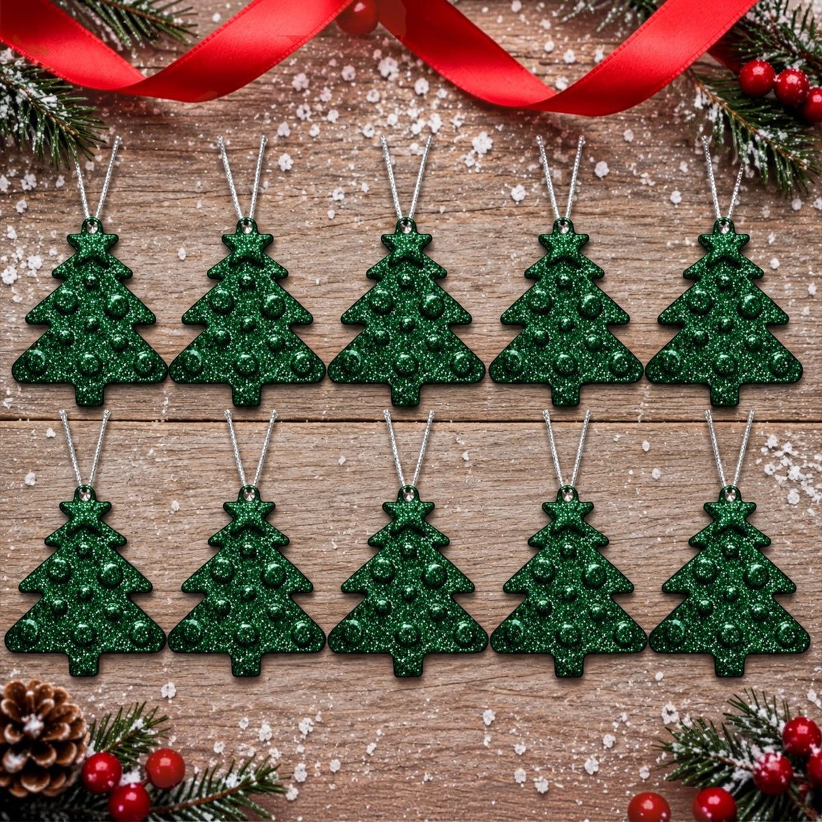 Set of 10 green glitter handmade resin Christmas tree ornaments, product view 1