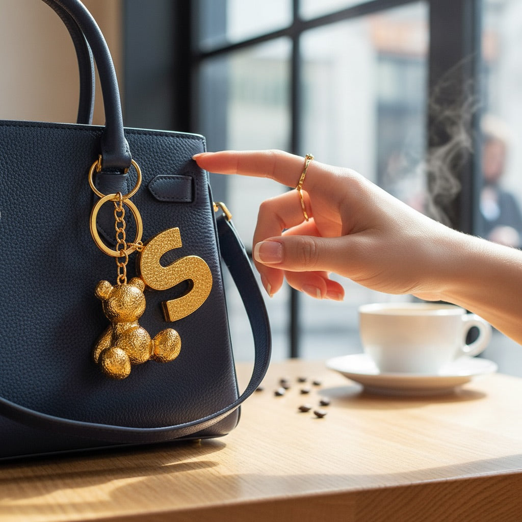 Gold handmade resin bear keychain with the letter S on a bag