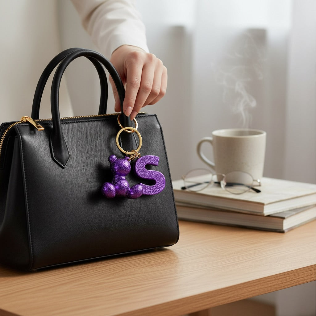Purple handmade resin bear keychain with the letter S on a bag