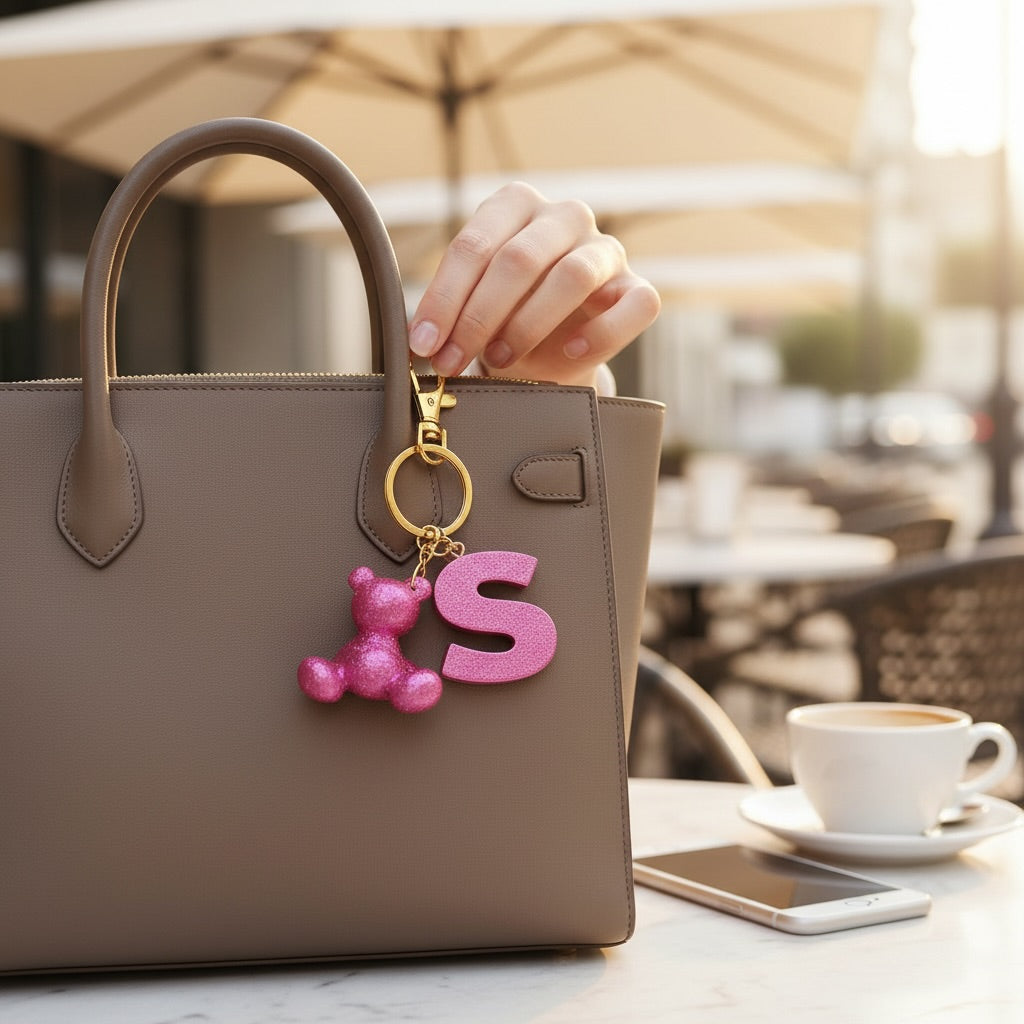 Pink handmade resin bear keychain with the letter S on a bag