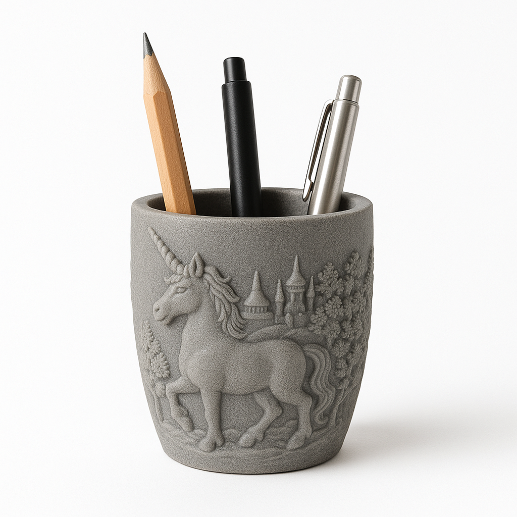 Unicorn Kabartmalı Kalemlik - El Yapımı Dekoratif Vazo - Masa Üstü Düzenleyici