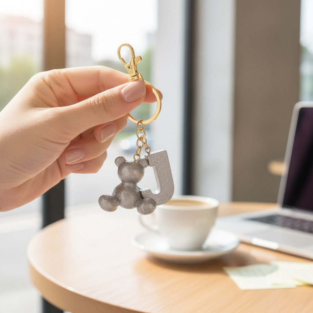 Silver handmade resin bear keychain with the letter J on a bag