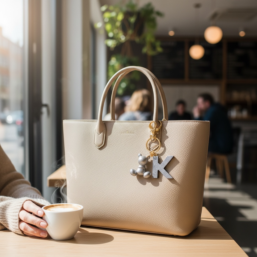 Silver handmade resin bear keychain with the letter K on a bag