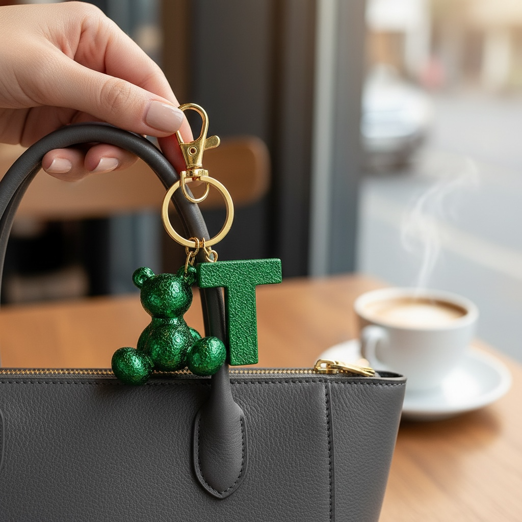 Green handmade resin bear keychain with the letter T on a bag