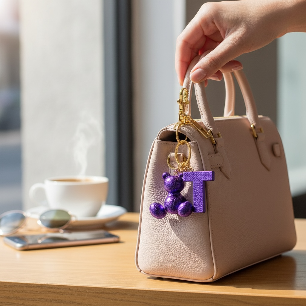Purple handmade resin bear keychain with the letter T on a bag
