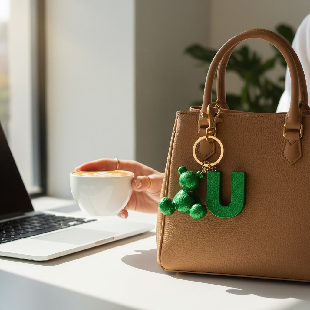 Green handmade resin bear keychain with the letter U on a bag