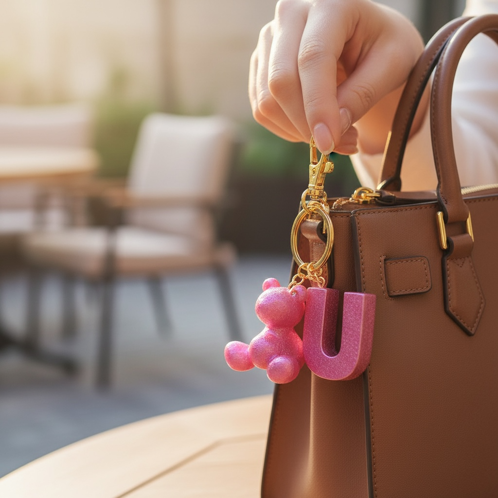 Pink handmade resin bear keychain with the letter U on a bag