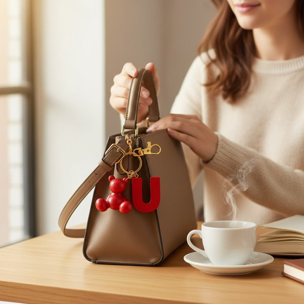 Red handmade resin bear keychain with the letter U on a bag