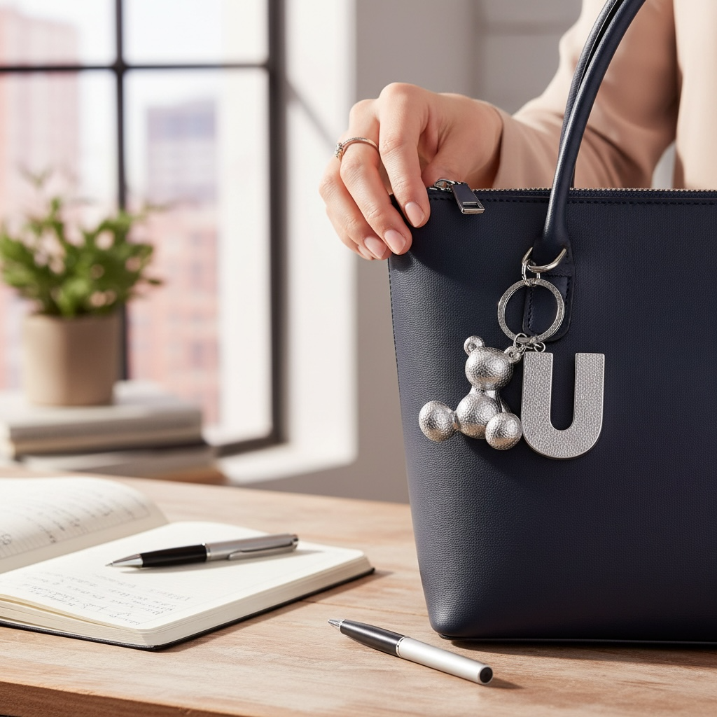 Silver handmade resin bear keychain with the letter U on a bag