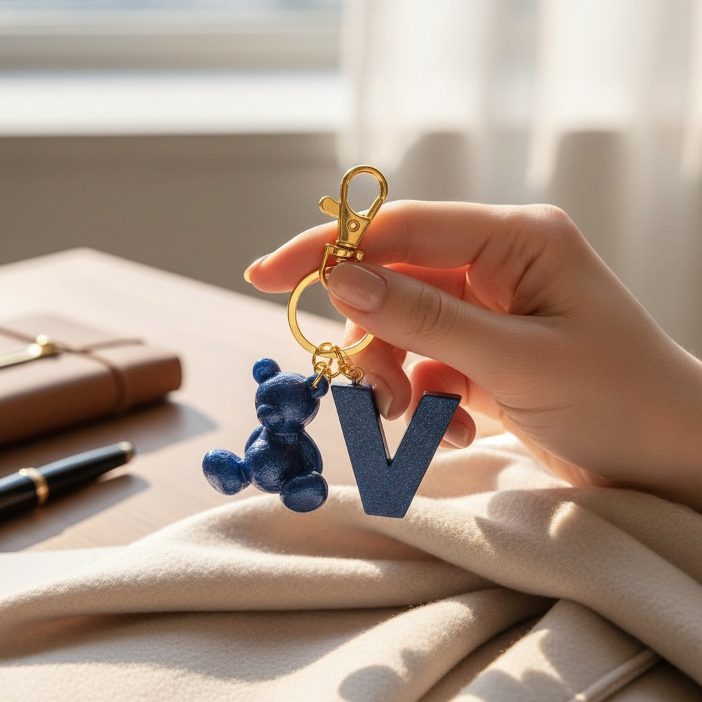 Blue handmade resin bear keychain with the letter V on a bag