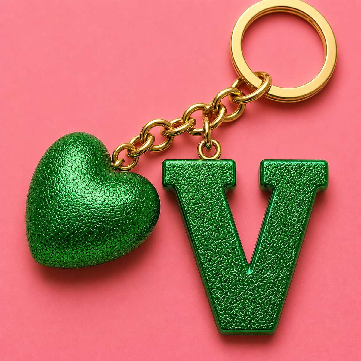 V letter handmade resin heart keychain, product view 4