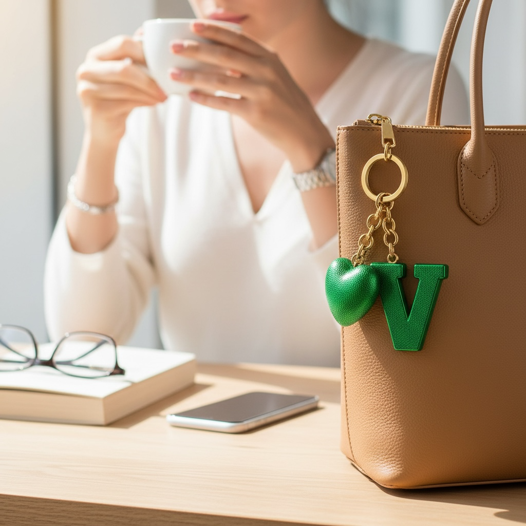 V letter handmade resin heart keychain, product view 5
