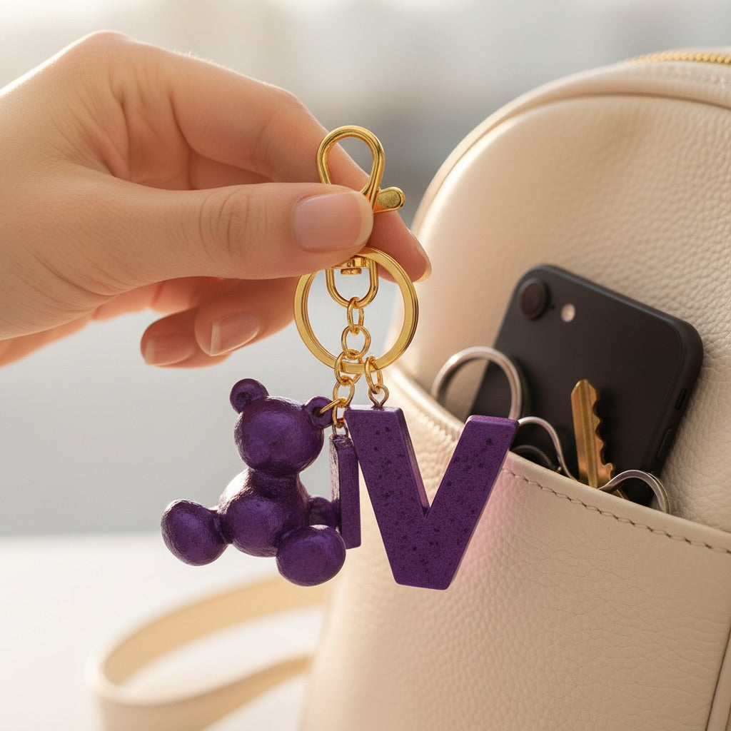 Purple handmade resin bear keychain with the letter V on a bag