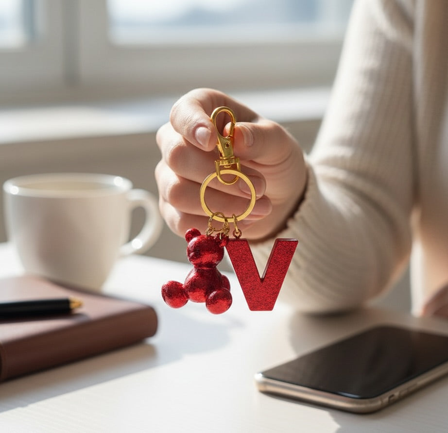 Red handmade resin bear keychain with the letter V on a bag