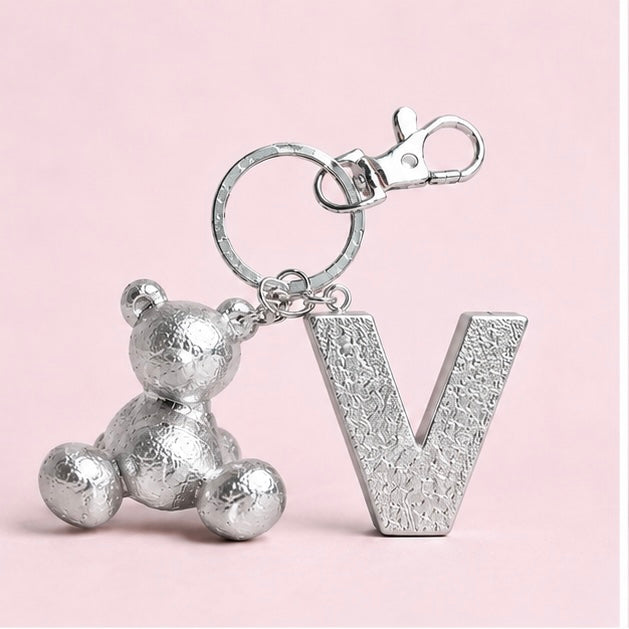 Silver handmade resin bear keychain with the letter V