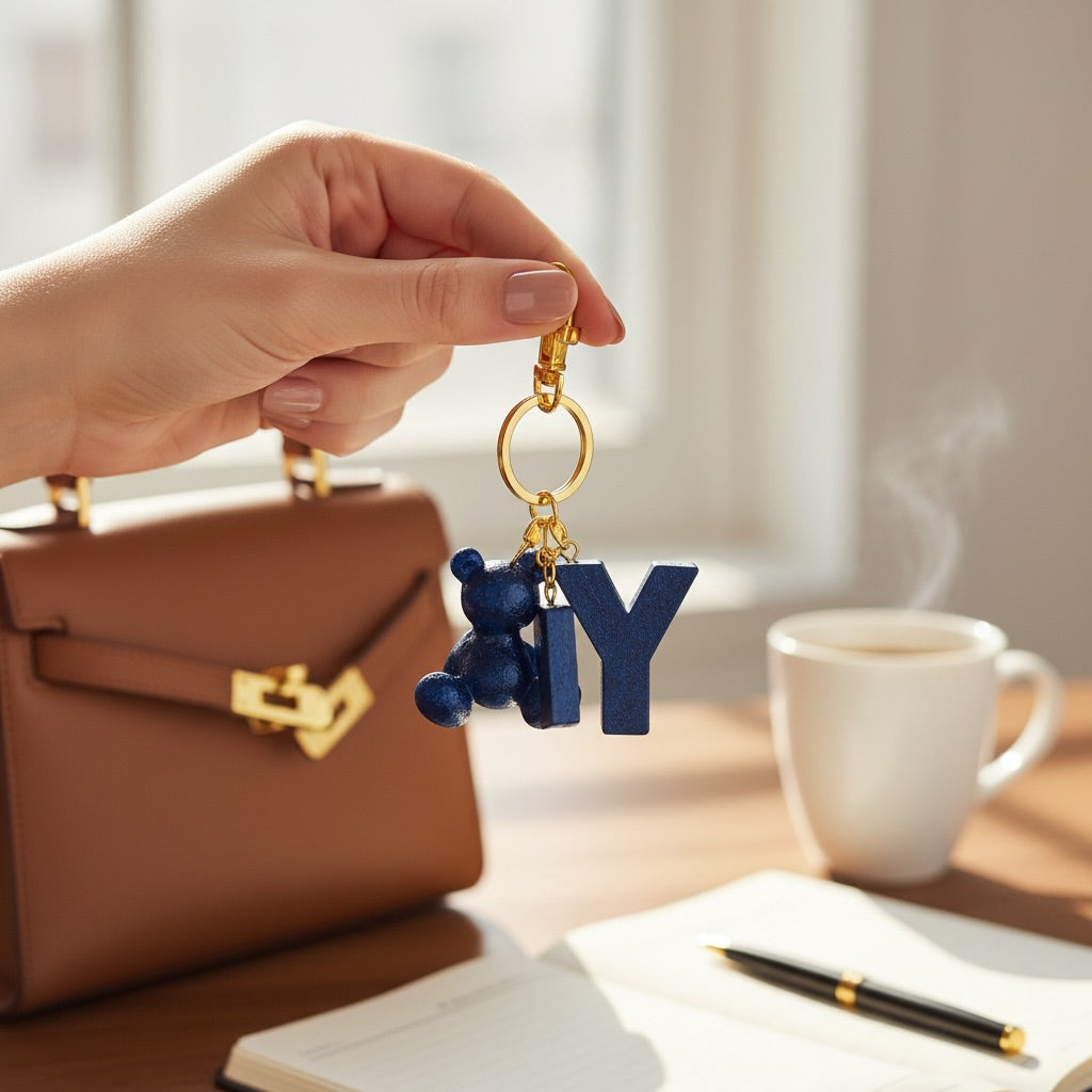 Blue handmade resin bear keychain with the letter Y on a bag