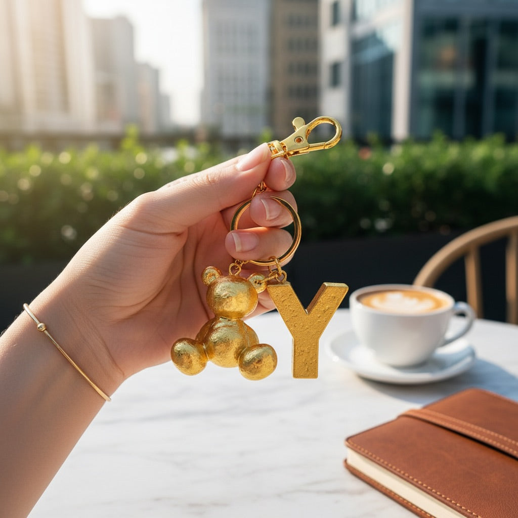Gold handmade resin bear keychain with the letter Y on a bag